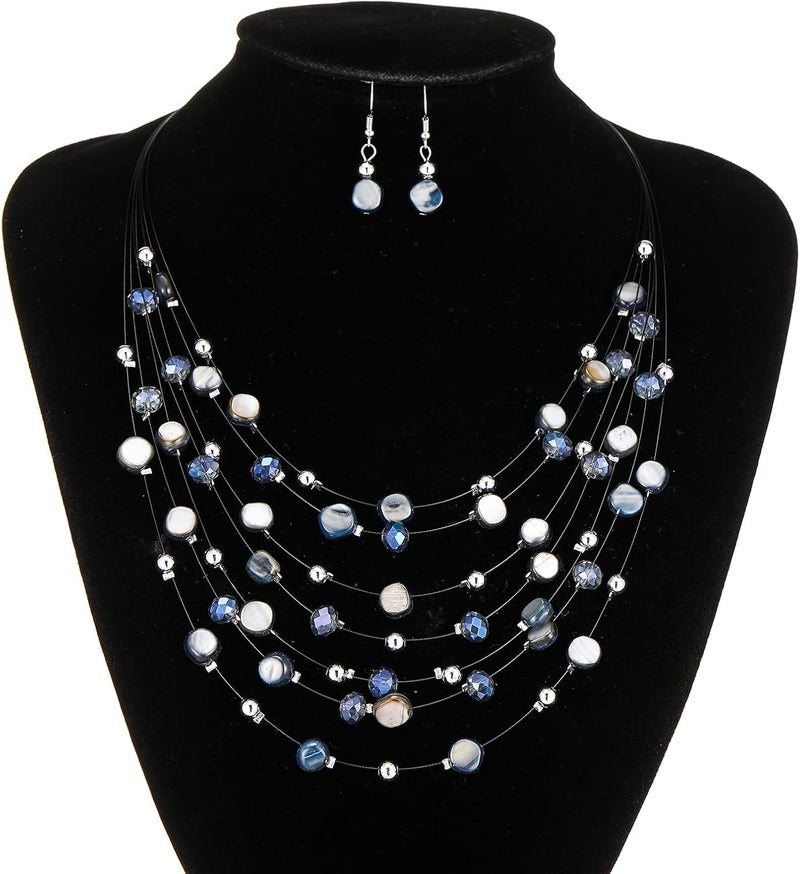 Errally Store Multi-Layer Boho Shell Beaded Necklace for Women Colorful Crystal Strand with Silver Beads Statement Collars Necklace and Earrings Costumes Jewelry Sets for Women - Image 4